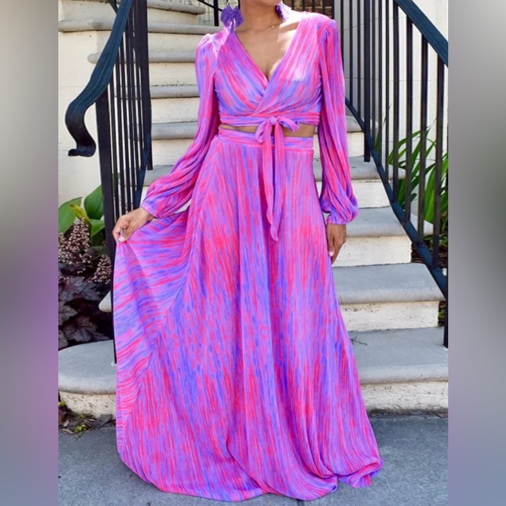 Matching Set! Cotton Candy Hot Pink Purple Long Sleeve Wrap Top Maxi Skirt Vacay - Picture 3 of 14